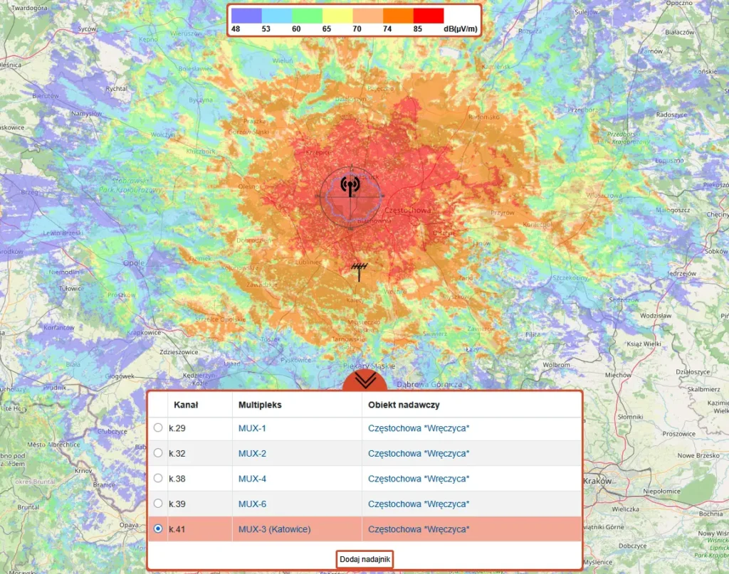 Mapa zasięgu MUX-3 z nadajnika Częstochowa Wręczyca Wielka – kanał 41, moc 80 kW ERP