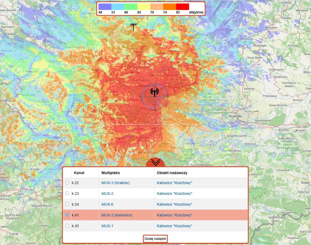Mapa zasięgu MUX-3 z nadajnika Katowice Kosztowy – kanał 41, moc 100 kW ERP